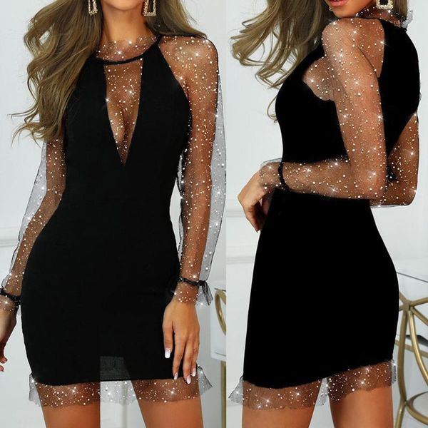

summer clothes for women o-neck long sleeve sheer bling mesh casual party work mini dresses woman party night vestidos de verano1, Black;gray