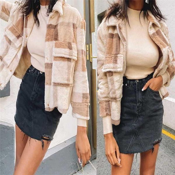

women's wool & blends 2021 women's collared grid fluffy short autumn winter coat1, Black