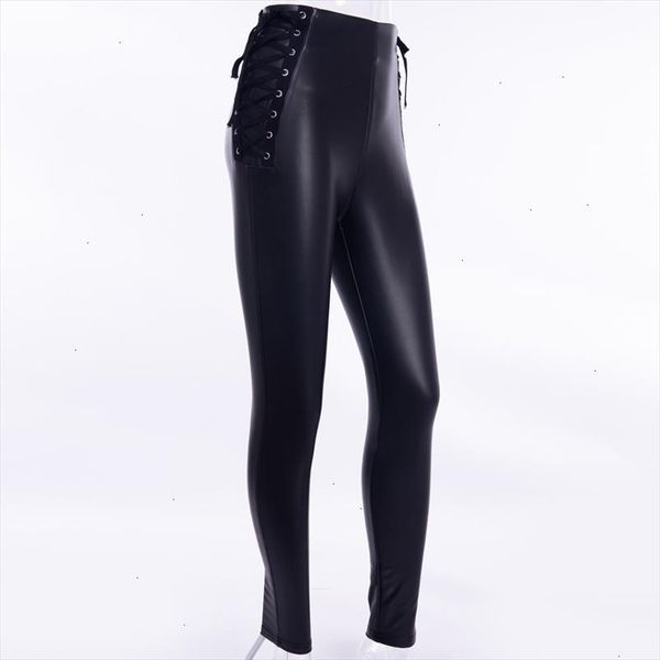 

lace side up back zip pencil pants women fleece high waist leggings elastic autumn winter pu faux leather pantalon, Black;white