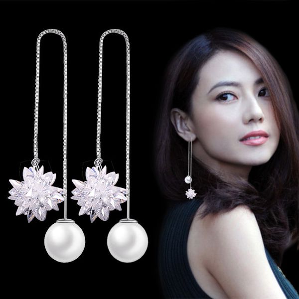 

chain ice zirconium ball pearl women's long crystal flower earrings versatile sweet silver plated ear line