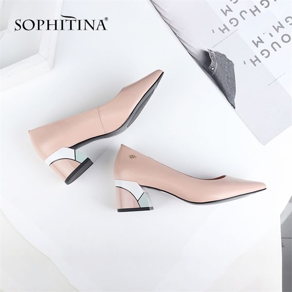 

sophitina brand pumps high heels spring genuine leather basic pointed toe colorful shoes square heels fashion ladies shoes c567 t200525, Black
