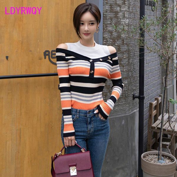 

2020 autumn and winter new korean temperament leaking shoulder slim stitching stripe bottoming women's knitted sweater1, White;black