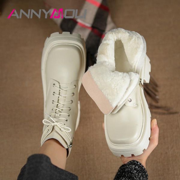 

boots annymoli square toe motorcycle woman real leather high heel ankle zip wool thick short lace up lady shoes, Black