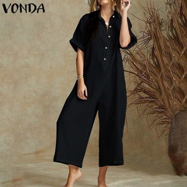 

vonda vintage wide leg pants female summer rompers women jumpsuits short sleeve plus size playsuits elegant solid overalls y200422, Black;white