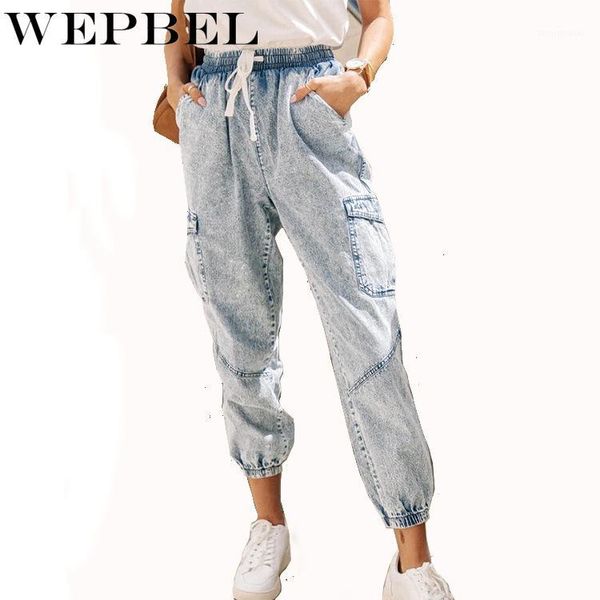 

wepbel jeans autumn fashion bleached washed vintage jeans women's casual stitching pocket mid-waist lace-up denim pencil pants1, Blue