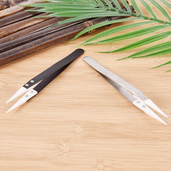 

heat resistant stainless steel ceramic tweezers non conductive ceramic pointed tip diy sewing tools straight long nose, Black