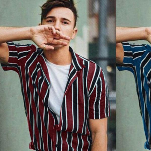 

csual men shirts 2021 new summer fashion chemise homme mens striped shirts short sleeve shirt men loose blouse turn down collar, White;black
