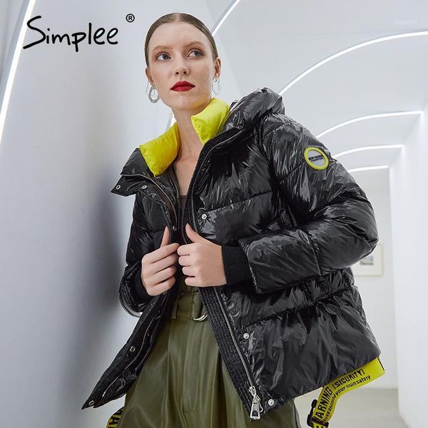 

simplee short women winter coat parkas 2020 new fashion warm hooded shiny jacket coat ladies office casual snow  clothes1, Black