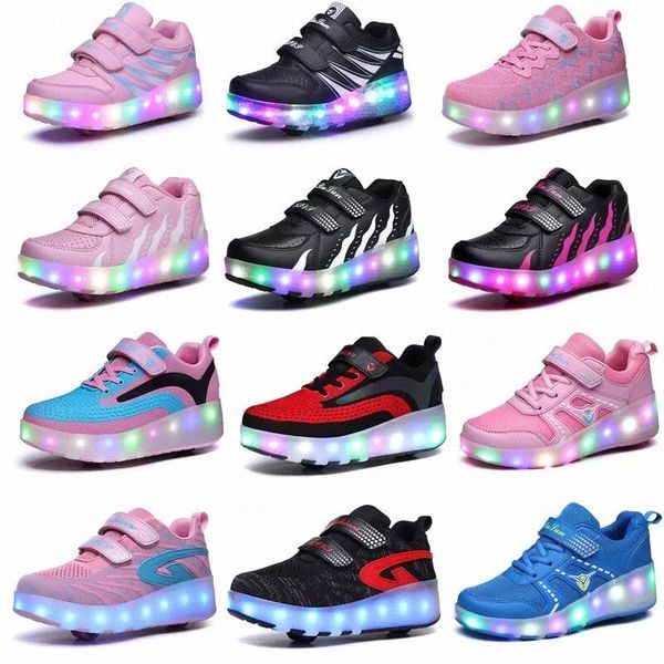 

two wheels luminous sneakers black red led light roller skate shoes for children kids led shoes boys girls light up 28-43 #hc5h