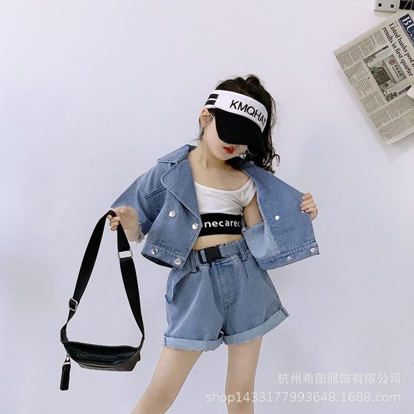

2020 summer new girl denim suit korean short-sleeved with shorts two-piece tide, White