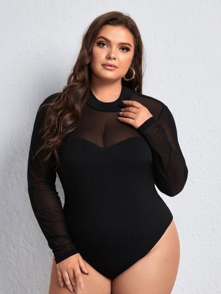 

plus contrast mesh mock neck slim fit bodysuit h8pb#, Black