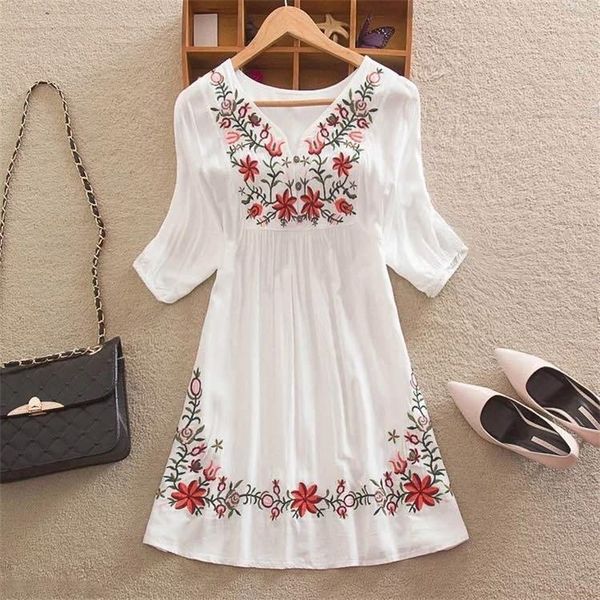 

summer women mexican embroidered floral peasant blouse vintage ethnic tunic boho hippie clothes blusa feminina y200622, White