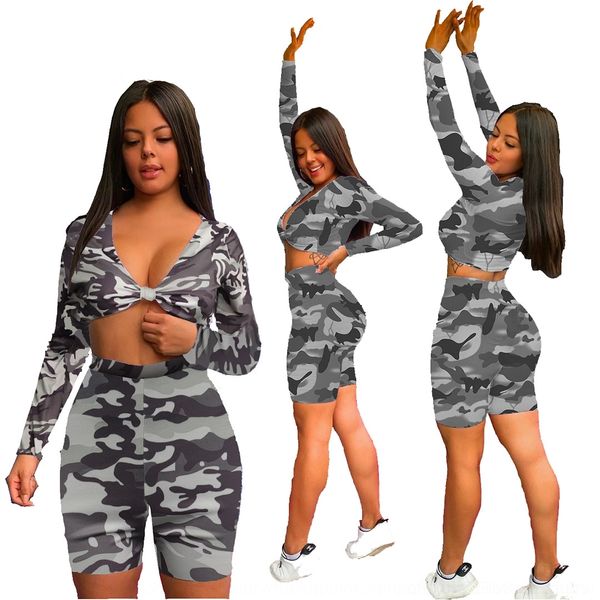 

xeily длинных рукавов женской m005 и шнуровки сексуального 2020 камуфляжа двухсекционного набор m005 2020 женских шорты и shortslace вверх с, Gray