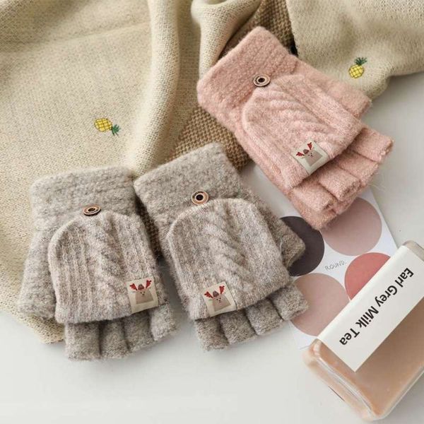 

women' finger gloves winter students half writing office warm gloves knitted wool open finger double purpose flip gloves, Blue;gray