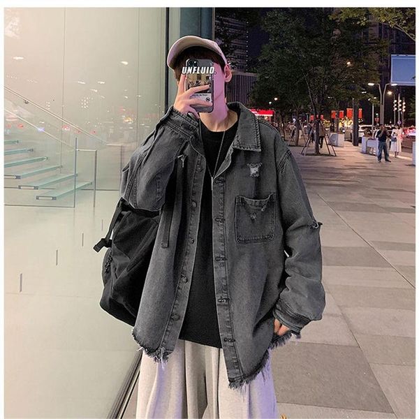 

korean ripped denim jacket men's fashion casual retro hole denim jacket men streetwear loose hip-hop bomber men m-2xl, Black;brown