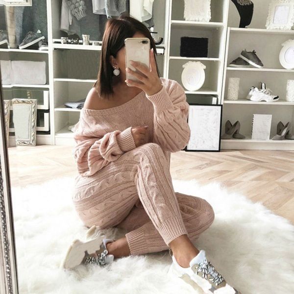 

dihope spring cotton tracksuit women 2 piece set o-neck sweater elastic waist pant knitted suit women coat 2 piece set 201119, White