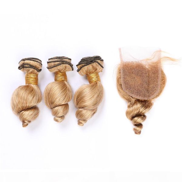 

honey blonde loose wave human hair lace closure 4x4 with bundles #27 light brown wavy peruvian virgin hair weaves 3bundles with closure, Black;brown