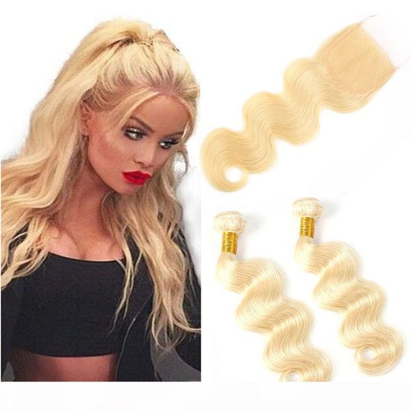 

brazilian virgin hair extensions body wave 2 bundles with 4x4 lace closure 613# blonde human hair wefts with closure baby hair 8-30inch, Black;brown