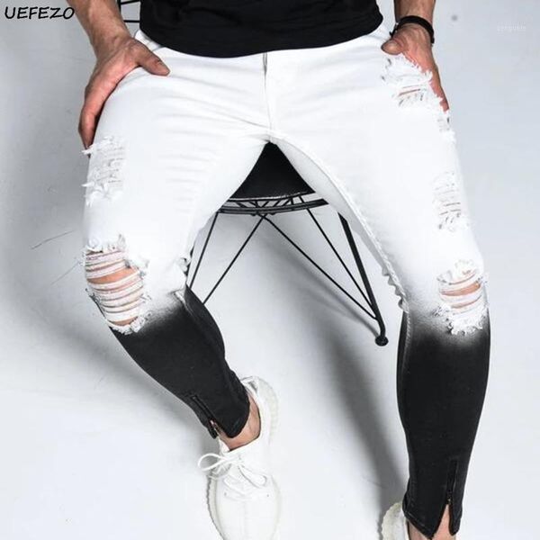 

uefezo gradient color ripped jeans men casual slim fit skinny jeans homme brand motor biker hip hop zipper denim pants trouser1, Blue