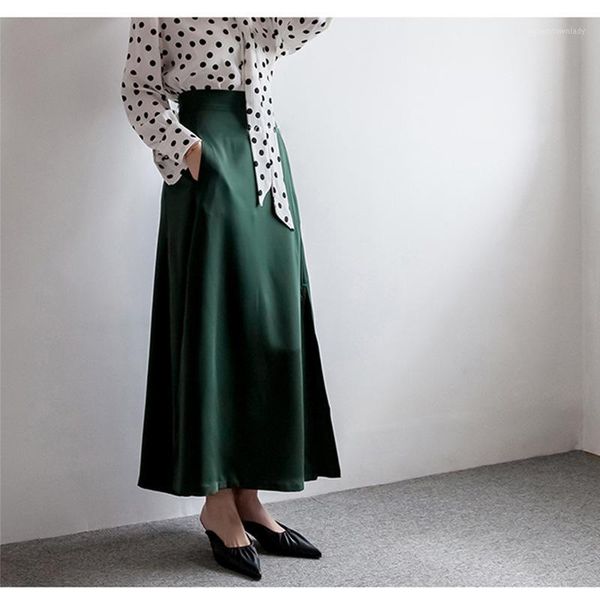 

skirts 2021 vintage women a-line skirt high waist long pure color summer satin maxi elegant saia faldas jupe femme1, Black