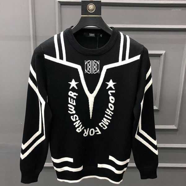 

autumn and winter men's round neck sweater slim letter color matching sweater korean fashion bottoming1, White;black