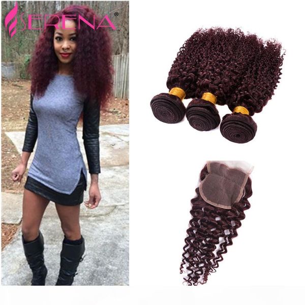 

7a brazilian virgin hair burgundy bundles with closure wine red afro kinky curly virgin hair #99j curly brazilian hair extensions, Black;brown