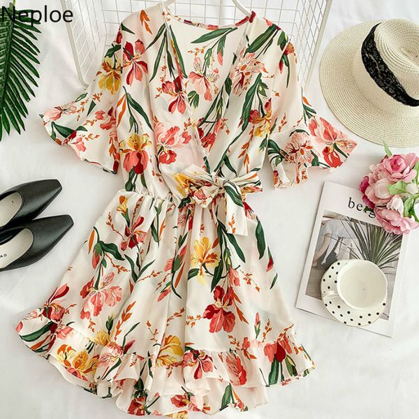 

nepole plant print women jumpsuits casual v-neck flare sleeve drawstring playsuit 2020 summer ruffles short beach jumpsuit 43219 t200704, Black;white