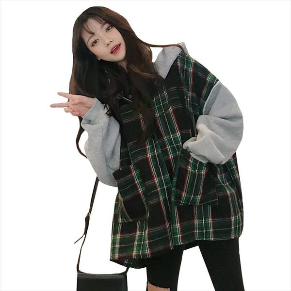 

женщины harajuku лоскутная осень с капюшоном толстовки крупногабаритные плед сыпучие толстовки студент свободный сладкие batwing рукавом тол, Black