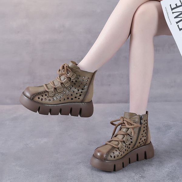 Sommer Echtes Leder Kurze Stiefel Dicke Muffin Sohlen Hohl Atmungsaktive Vintage Casual Stiefeletten Sandalen für Frauen