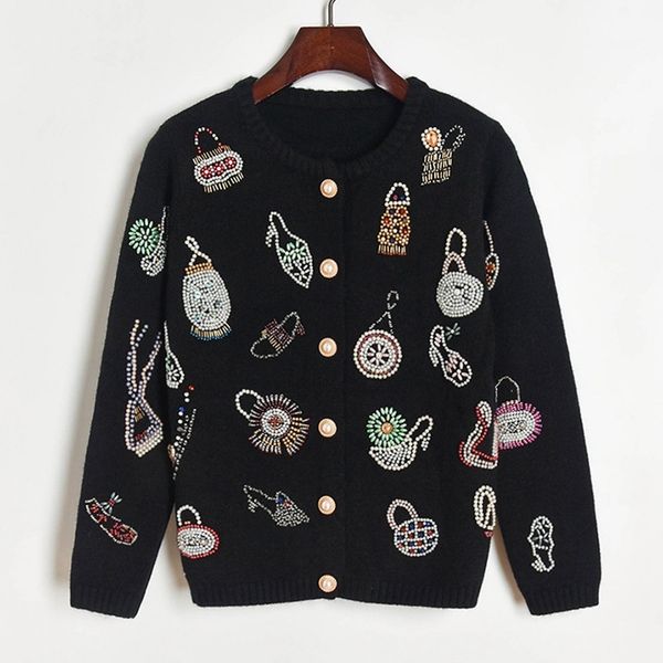 

2021 New Kawaii Camisolas Femininas Vintage Outono Miangas Cardigan Gola Redonda Manga Comprida Bonito Jumpers Luxo Lantejoulas Malha 1I4L, White;black