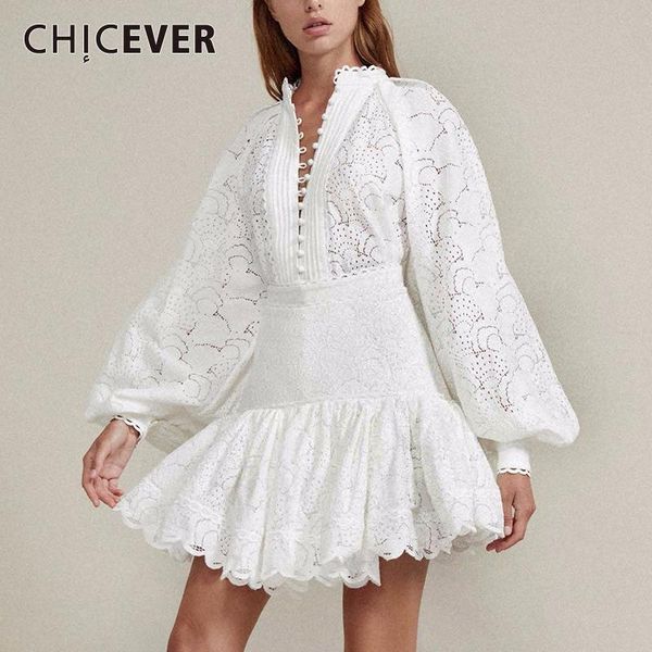 

chicever hollow out shirt skirt two piece sets female lantern sleeve blouse women high waist patchwork lace skirt suit, White