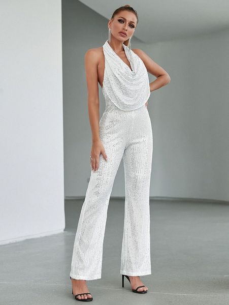 

double crazy draped front halter neck backless sequin jumpsuit d4pn#, White
