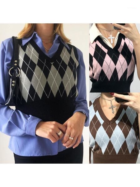 

women multicolor argyle plaid knitted vest v-neck slim sleeveless sweater preppy style vintage jumper crop tank, Black;white