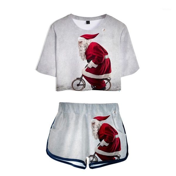 

westerse traditionele festival vrolijk kerstfeest kerstman 3d twee stukken sets vrouwen meisje casual t-shirt + shorts1, Gray