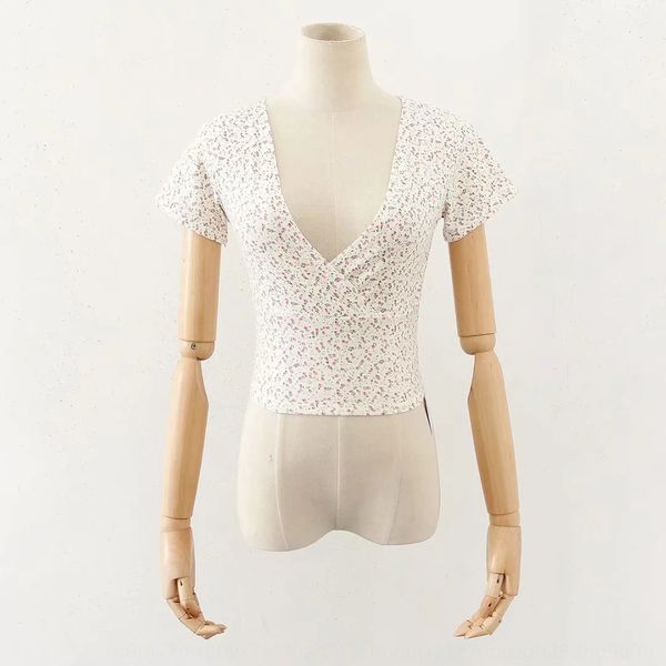 

t972-20 летний корейский пригонки глубокий v-образным вырезом цветочные груди крест пуп короткий рукав t- футболки база рубашка 3ksri, White