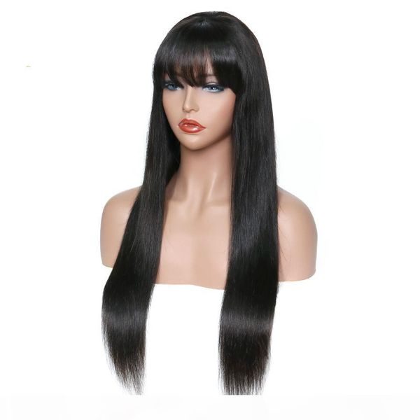 

brazilian virgin hair wigs 4x4 closure with bangs glueless preplucked unprocessed human hair lace front wig with bangs, Black;brown