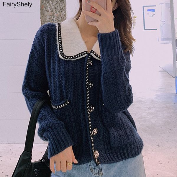 

fairyshely cashmere lapel short sweater cardigans women 2021 autumn loose casual knitted cardigan outwear jacket coat t200910, White;black