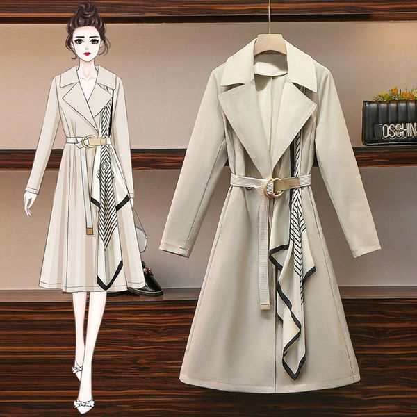 

women's trench coat plus size coat spring autumn midi trench fashion elegant ladies wind coat scarf windbreaker
