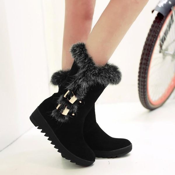 

buckle faux fur classics women snow boots knee-high low flat with boots flock round toe fashion metal decoration winter shoes, Black