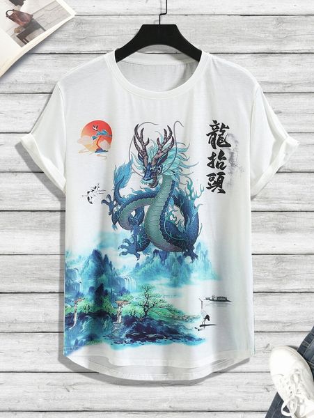 

men chinese letter & dragon graphic high low hem tee 77ts#, White;black