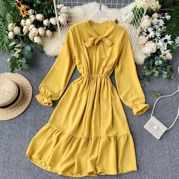 

elegant women lantern sleeve lace up bandage strap ruffles bow dress female a-line elastic slim high waist pullover midi dresses1, Black;gray