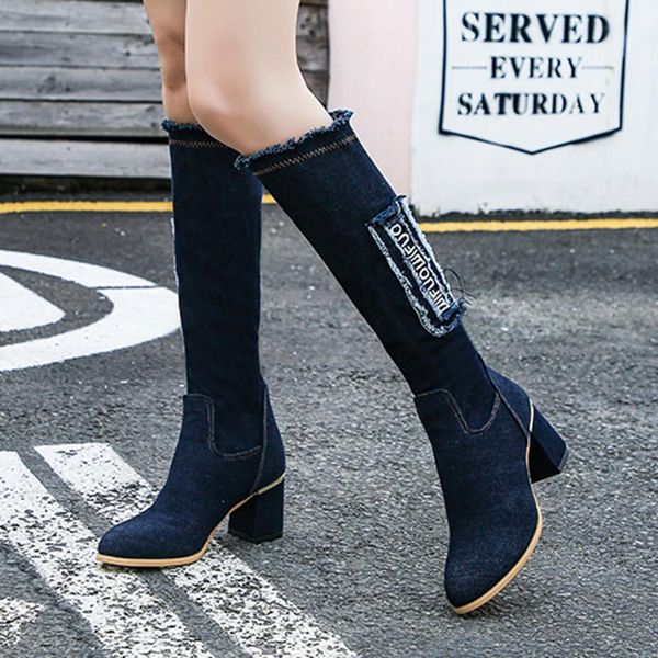 

сексуальная жан сапоги женские mid теленок загрузки zipper высокой пятки женщина стильные джинсы женские сапоги denim загрузочный женские бо, Black