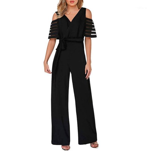

women's high waist fashion with cold shoulders solid color wide leg jumpsuit overalls rompers womens jumpsuit combination new f41, Black;white