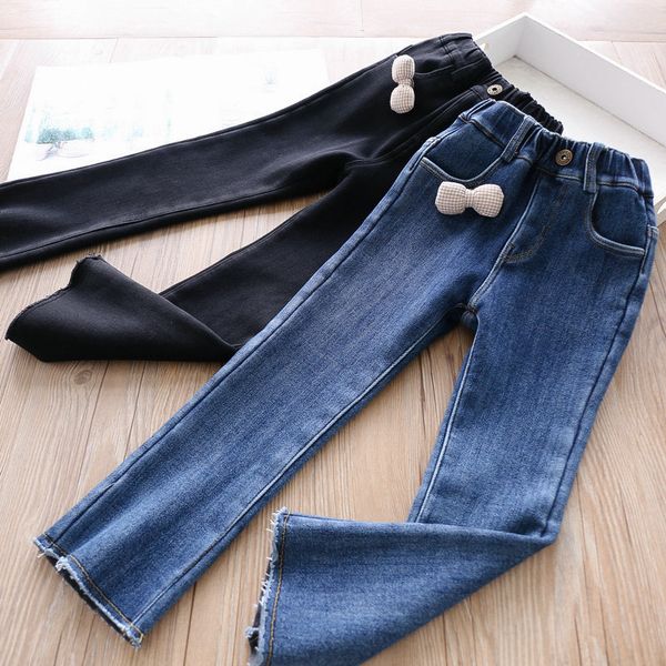 

autumn and winter girls' velvet detachable bow micro-horn children's jeans, Blue