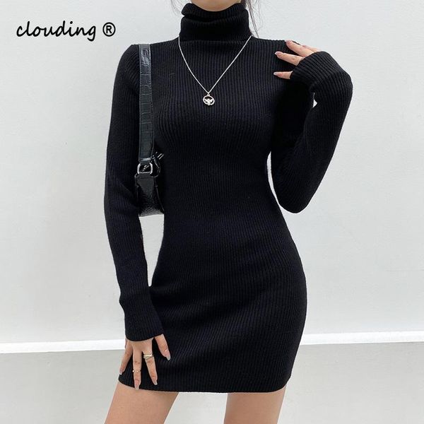 

casual dresses black high-neck women's mini skirt autumn and winter long-sleeved slim solid color knitted bottoming dress for lady, Black;gray