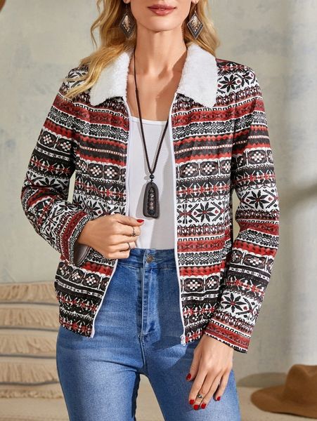 

emery rose geo print borg collar jacket y7eu#, Black;brown