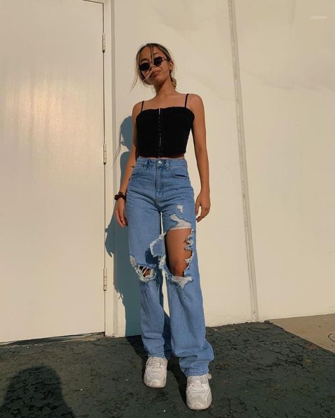 

new women fashion high waist wide leg jeans baggy pants ripped holes straight solid color jeans trousers1, Blue