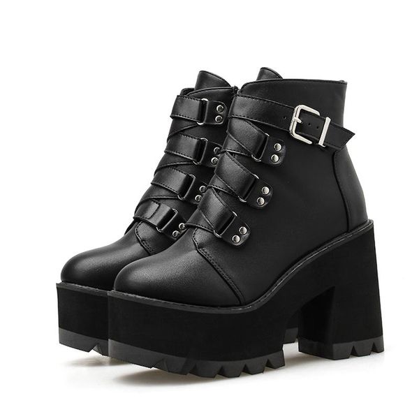 

fashion buckle chunky boots women casual lace up platform ankle boots woman waterproof pu leather punk botas mujer ymb16-1, Black