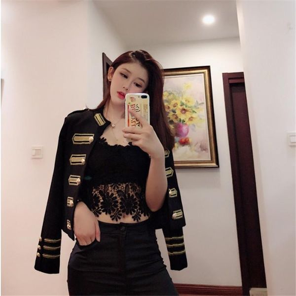 

women's jackets autumn women stand collar short style double-breasted vintage gold thread embroidery coats windbreaker, Black;brown