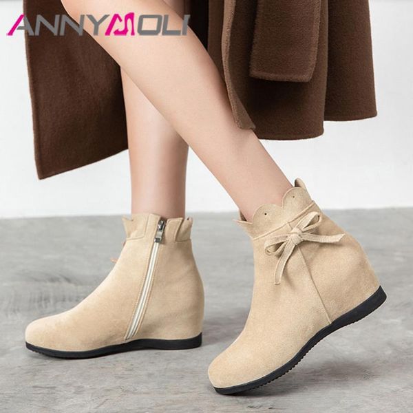 

annymoli woman boots high heel ankle boots bow zip shoes height increasing heel female short autumn winter beige size 43, Black